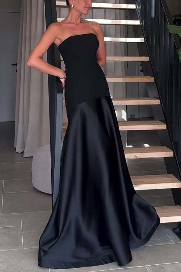 Tijdloze Elegantie Satijnen Patchwork Straploze Flared Maxi Jurk