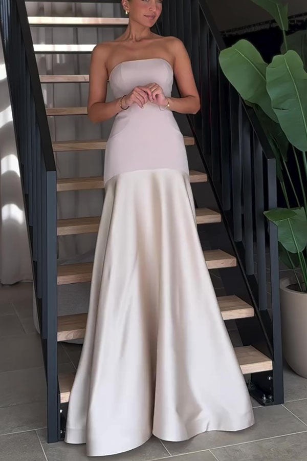 Tijdloze Elegantie Satijnen Patchwork Straploze Flared Maxi Jurk
