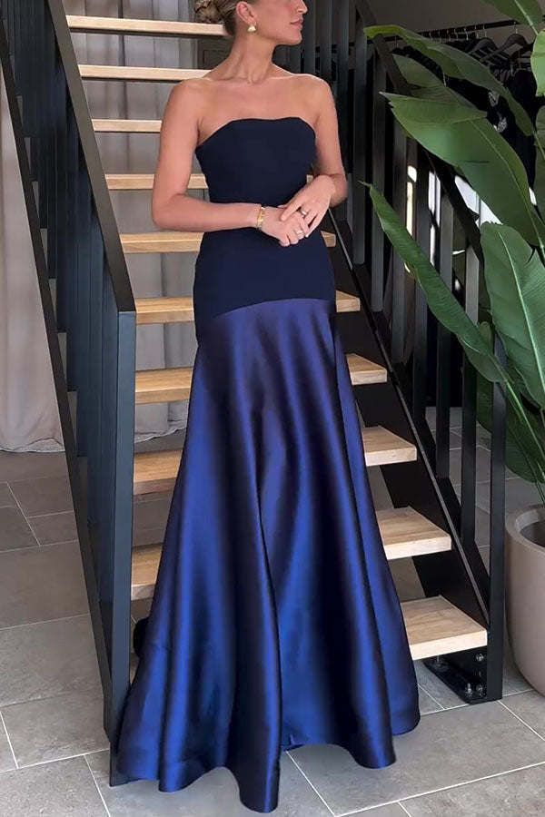 Tijdloze Elegantie Satijnen Patchwork Straploze Flared Maxi Jurk