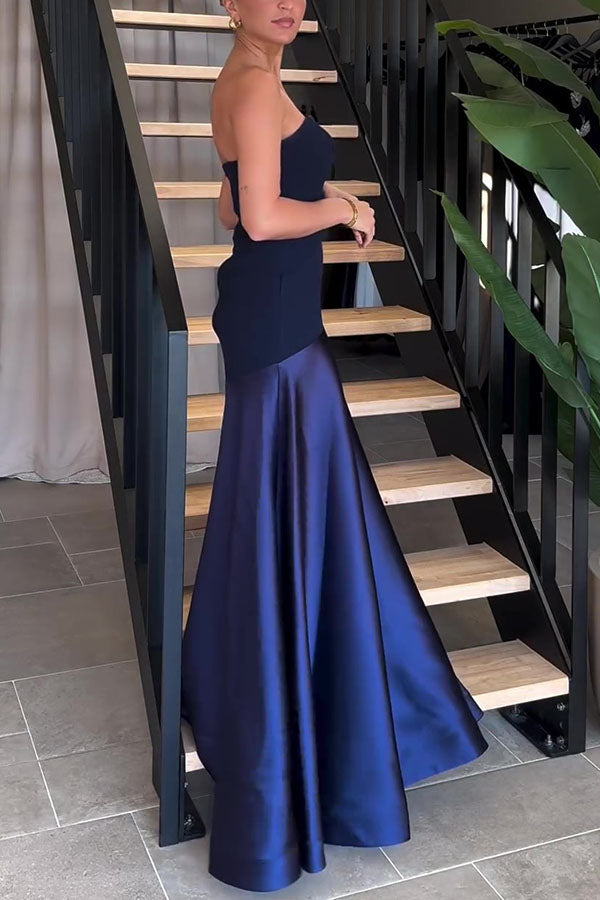 Tijdloze Elegantie Satijnen Patchwork Straploze Flared Maxi Jurk