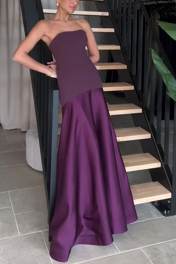 Tijdloze Elegantie Satijnen Patchwork Straploze Flared Maxi Jurk