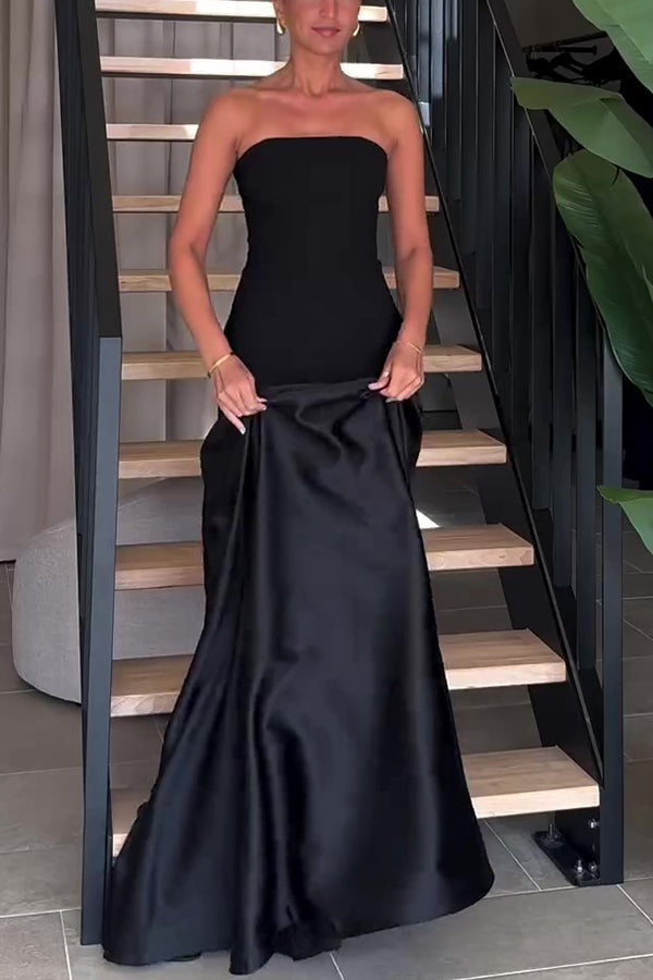 Tijdloze Elegantie Satijnen Patchwork Straploze Flared Maxi Jurk