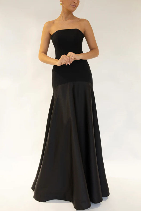 Tijdloze Elegantie Satijnen Patchwork Straploze Flared Maxi Jurk