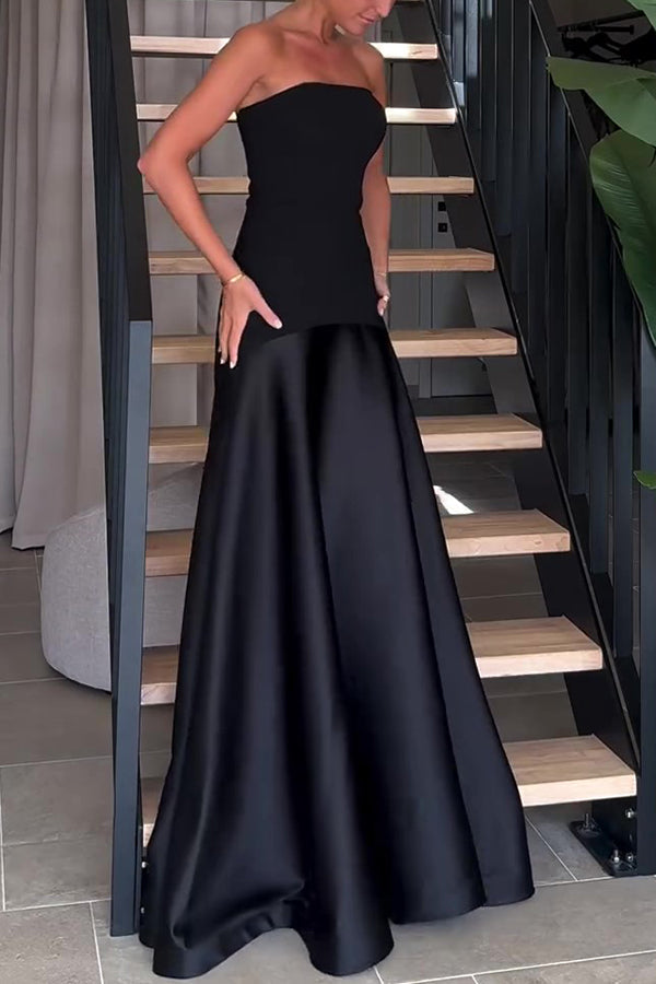 Tijdloze Elegantie Satijnen Patchwork Straploze Flared Maxi Jurk