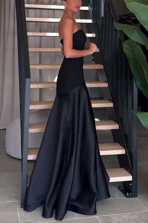 Tijdloze Elegantie Satijnen Patchwork Straploze Flared Maxi Jurk