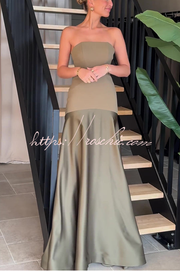 Tijdloze Elegantie Satijnen Patchwork Straploze Flared Maxi Jurk
