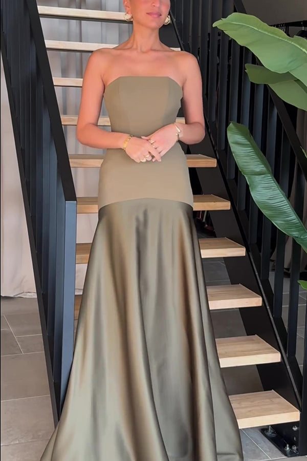 Tijdloze Elegantie Satijnen Patchwork Straploze Flared Maxi Jurk
