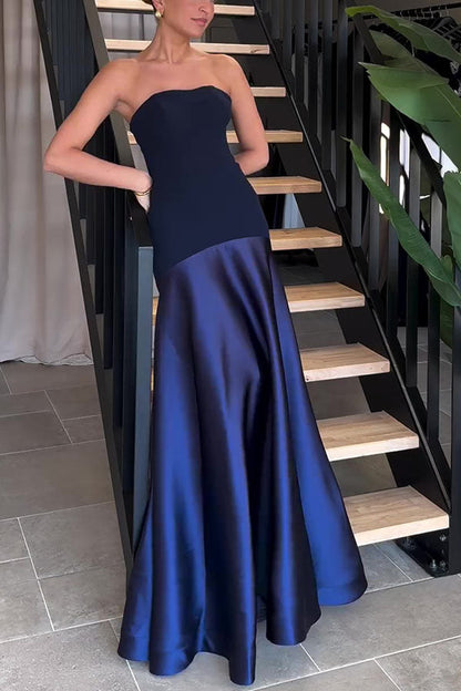 Tijdloze Elegantie Satijnen Patchwork Straploze Flared Maxi Jurk