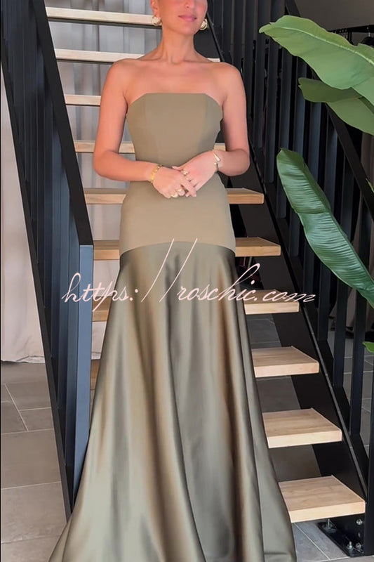 Tijdloze Elegantie Satijnen Patchwork Straploze Flared Maxi Jurk