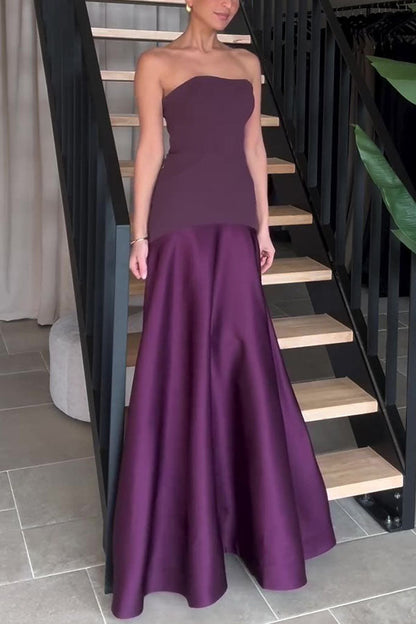 Tijdloze Elegantie Satijnen Patchwork Straploze Flared Maxi Jurk